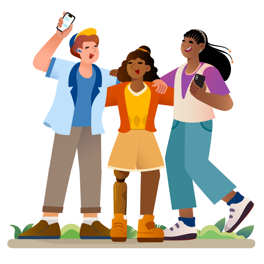A group of people standing together, wearing various clothing and footwear styles, with some appearing to be in a playful or dancing pose. The scene has a cartoonish vibe.